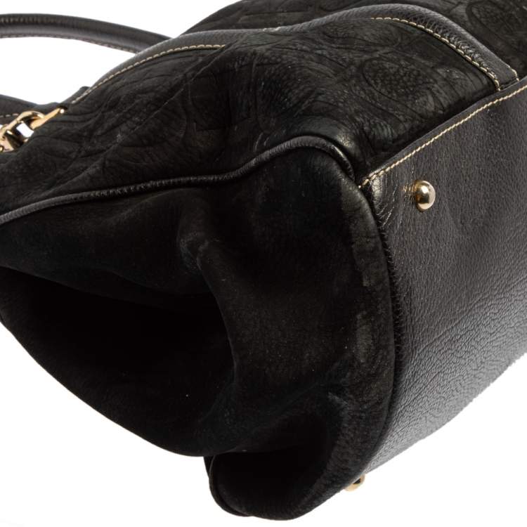 Pre Owned Carolina Herrera Black Monogram Nubuck and Leather Matteo Tote