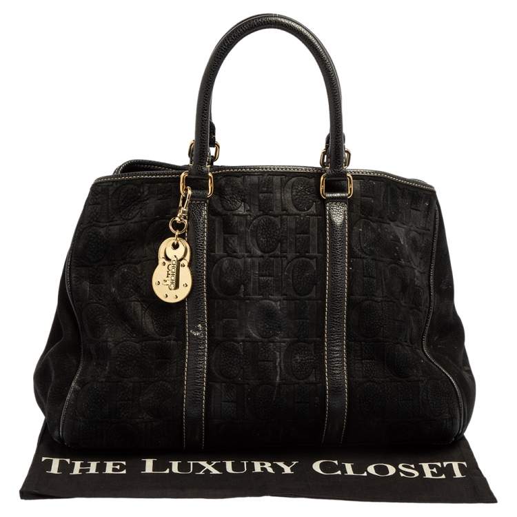 Pre Owned Carolina Herrera Black Monogram Nubuck and Leather Matteo Tote
