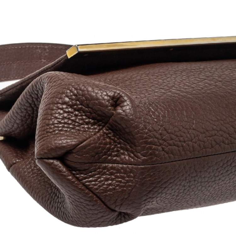 Pre Owned Carolina Herrera Brown Leather Metal Frame Top Handle Bag