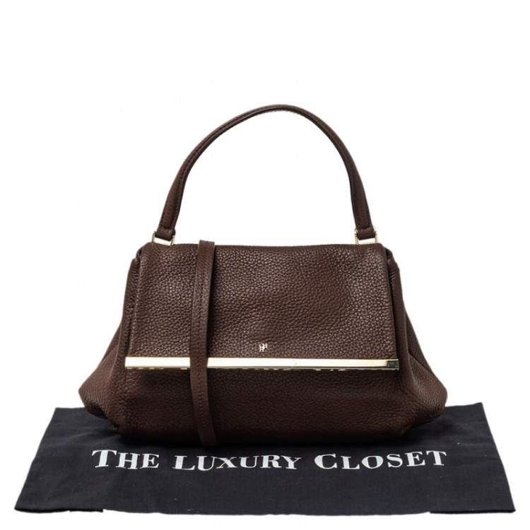 Pre Owned Carolina Herrera Brown Leather Metal Frame Top Handle Bag