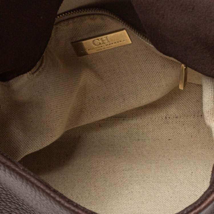 Pre Owned Carolina Herrera Brown Leather Metal Frame Top Handle Bag