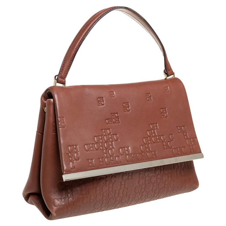 مملوكة مسبقًا Carolina Herrera Brown Embossed Leather Top Handle Bag