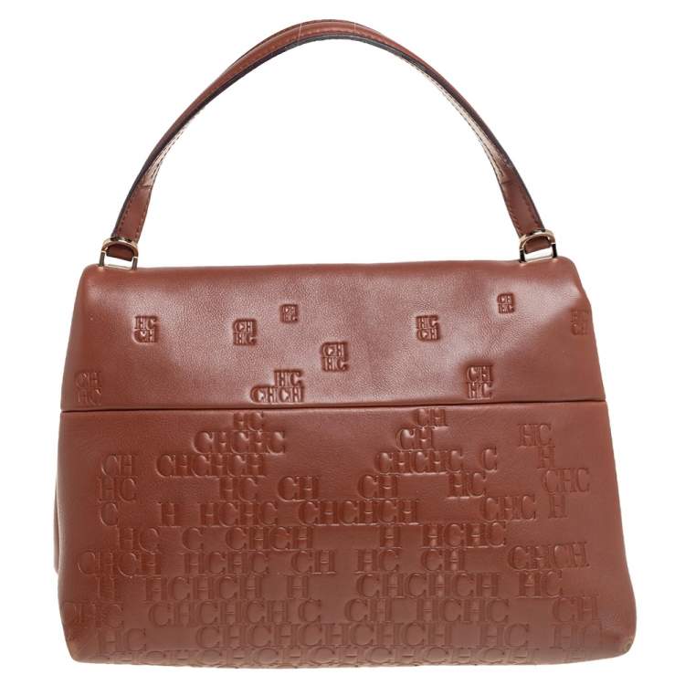 مملوكة مسبقًا Carolina Herrera Brown Embossed Leather Top Handle Bag