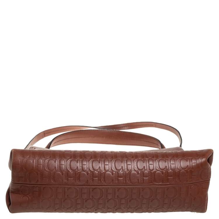 مملوكة مسبقًا Carolina Herrera Brown Embossed Leather Top Handle Bag