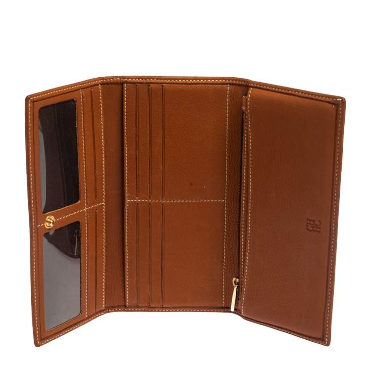 Pre Owned Carolina Herrera Brown Logo Leather Gigi Trifold Long Wallet  