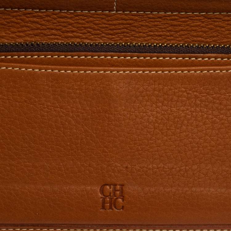 Pre Owned Carolina Herrera Brown Logo Leather Gigi Trifold Long Wallet  
