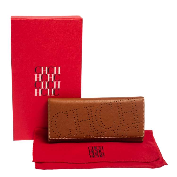 Pre Owned Carolina Herrera Brown Logo Leather Gigi Trifold Long Wallet  