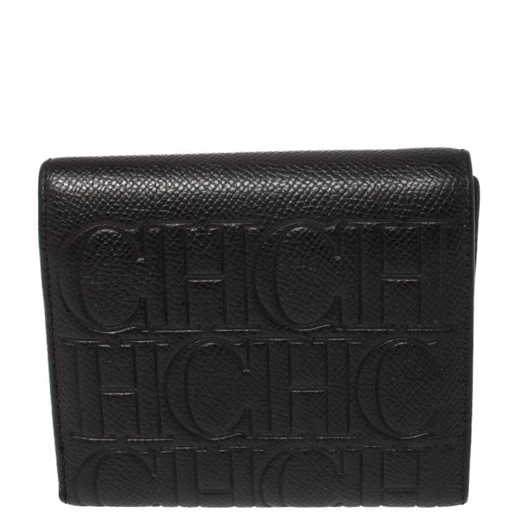 Pre Owned Carolina Herrera Black Leather Trifold Wallet