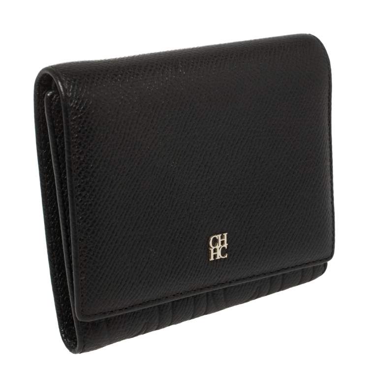 Pre Owned Carolina Herrera Black Leather Trifold Wallet