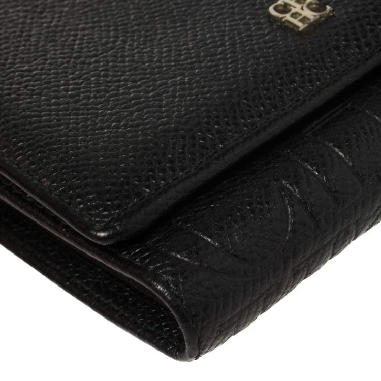 Pre Owned Carolina Herrera Black Leather Trifold Wallet