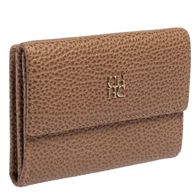 Pre Owned Carolina Herrera Beige Grained Leather Compact Wallet