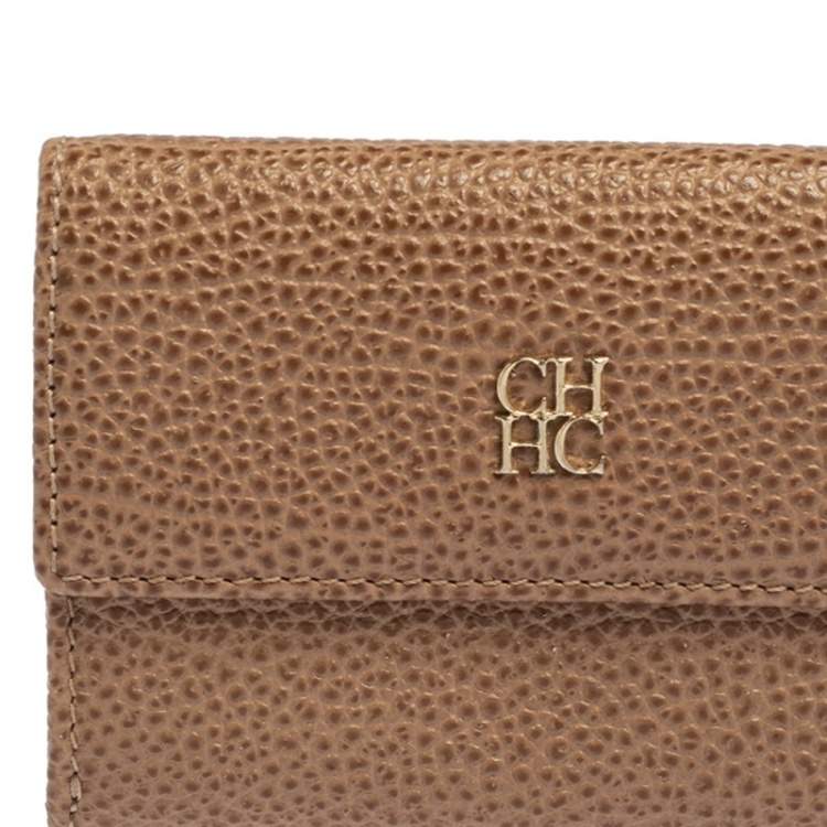 Pre Owned Carolina Herrera Beige Grained Leather Compact Wallet