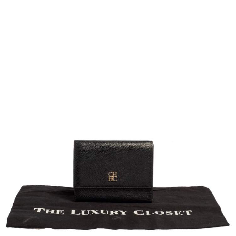 Pre Owned Carolina Herrera Black Grained Leather Trifold Wallet