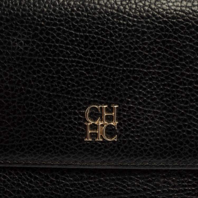 Pre Owned Carolina Herrera Black Grained Leather Trifold Wallet