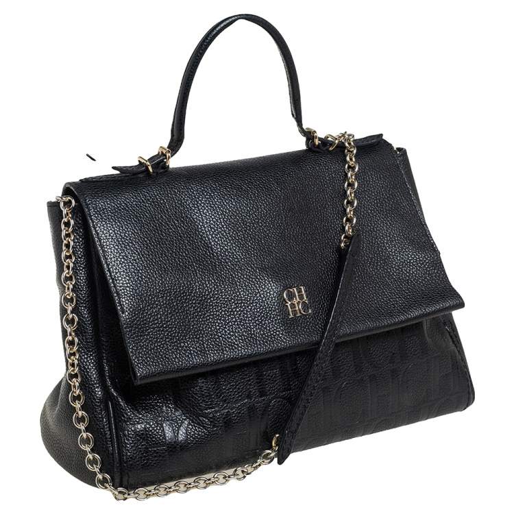 Pre Owned Carolina Herrera Black Embossed Leather Minuetto Flap Top Handle Bag