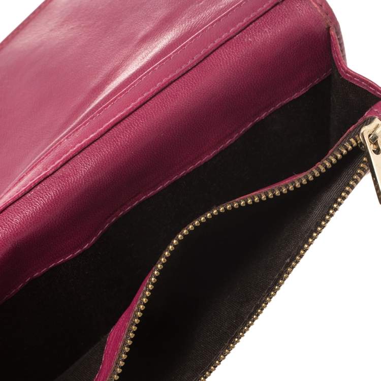 Pre Owned Carolina Herrera Magenta Logo Embossed Leather Flap Clutch  