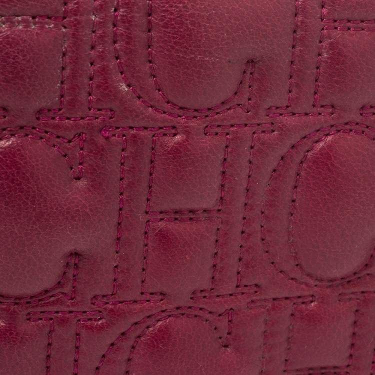 Pre Owned Carolina Herrera Magenta Logo Embossed Leather Flap Clutch  