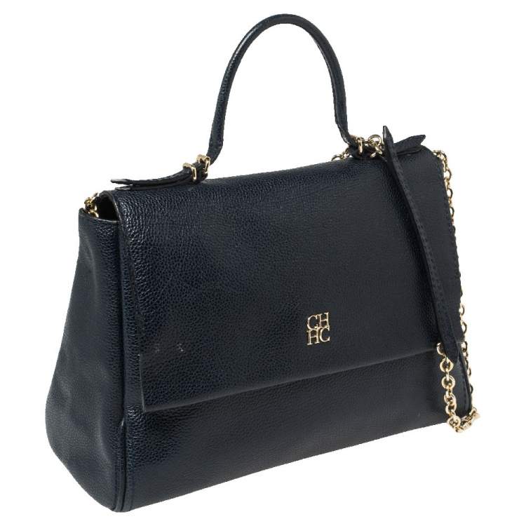 Pre Owned Carolina Herrera Navy Blue Leather Minueto Flap Bag
