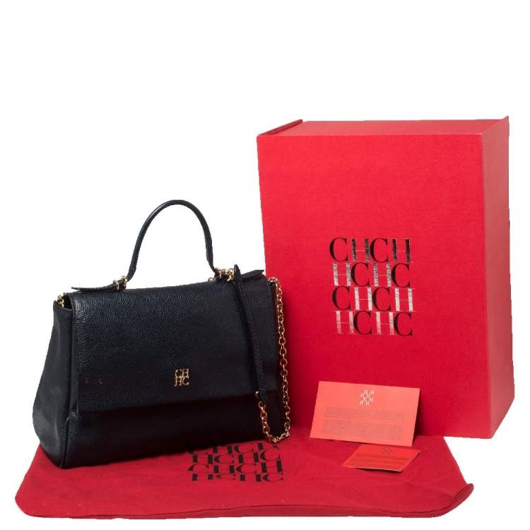 Pre Owned Carolina Herrera Navy Blue Leather Minueto Flap Bag
