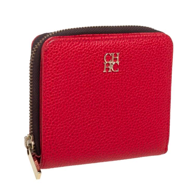 Pre Owned Carolina Herrera Red Leather Zip Around Wallet