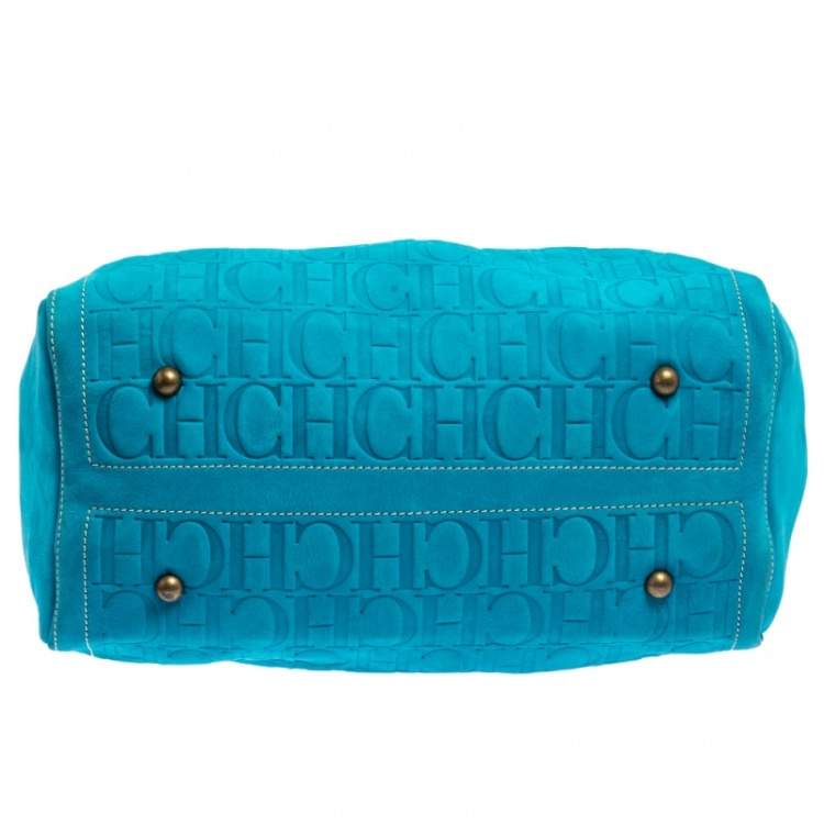 Pre Owned Carolina Herrera Turquoise Monogram Suede and Leather Large Andy Boston Bag