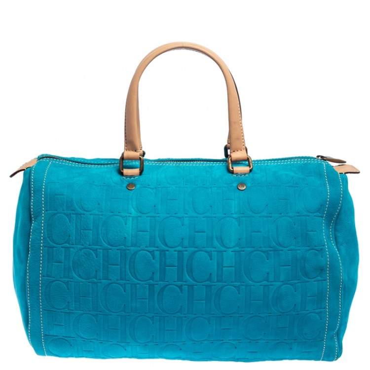 Pre Owned Carolina Herrera Turquoise Monogram Suede and Leather Large Andy Boston Bag