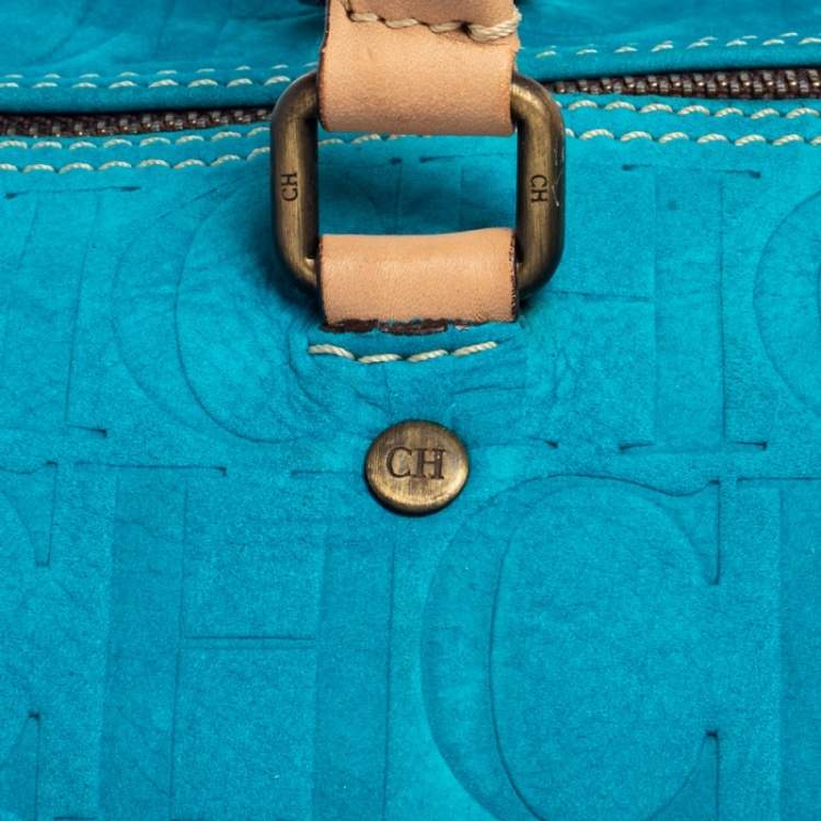 Pre Owned Carolina Herrera Turquoise Monogram Suede and Leather Large Andy Boston Bag