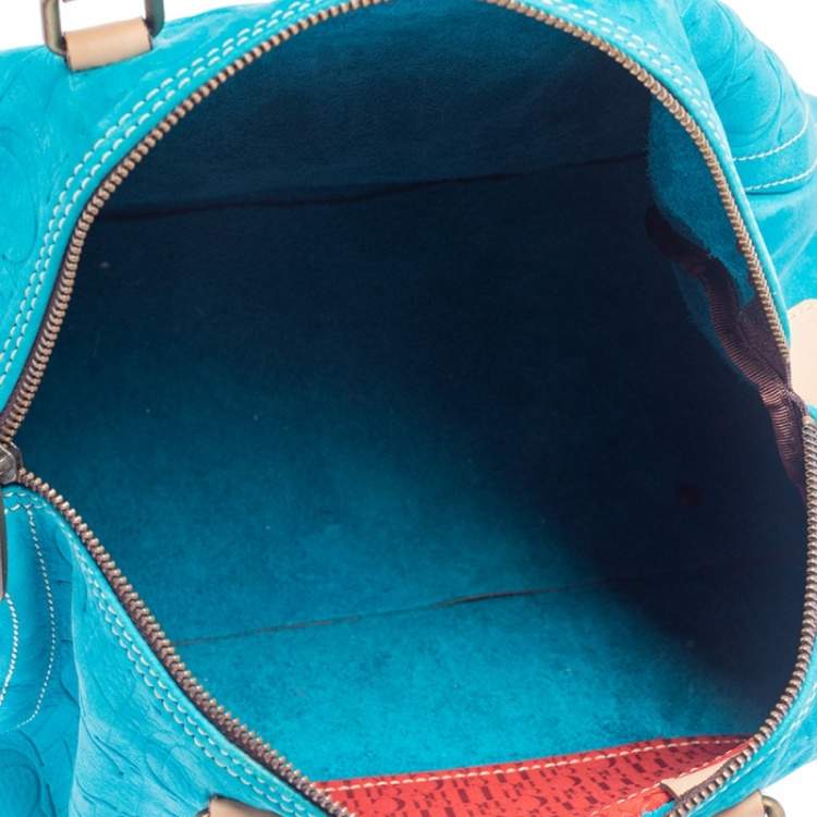 Pre Owned Carolina Herrera Turquoise Monogram Suede and Leather Large Andy Boston Bag