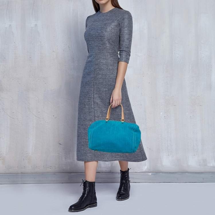 Pre Owned Carolina Herrera Turquoise Monogram Suede and Leather Large Andy Boston Bag