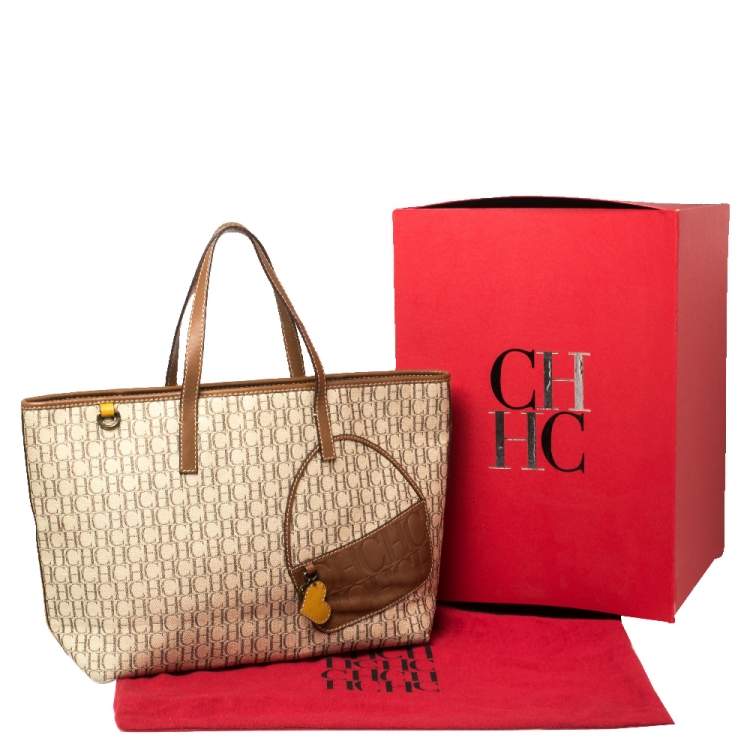 Pre Owned Carolina Herrera Beige/Brown Monogram Coated Canvas and Leather Charm Tote