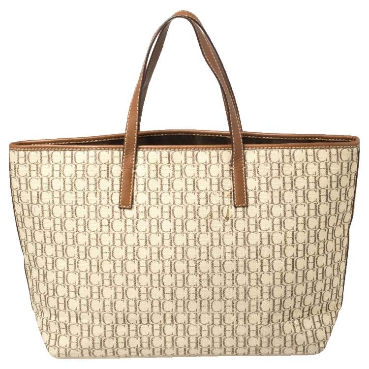 Pre Owned Carolina Herrera Beige/Brown Monogram Coated Canvas and Leather Charm Tote