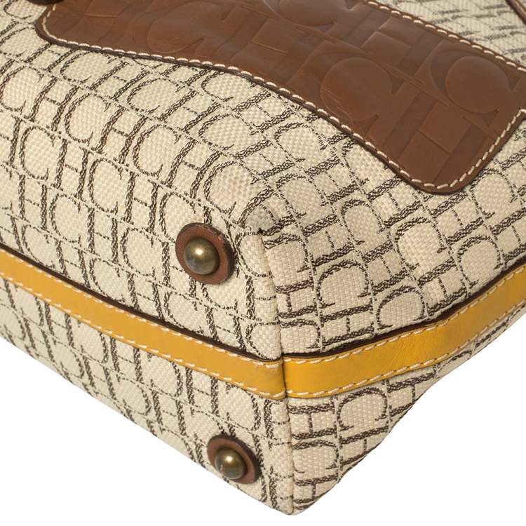 Pre Owned Carolina Herrera Beige/Brown Monogram Coated Canvas and Leather Charm Tote