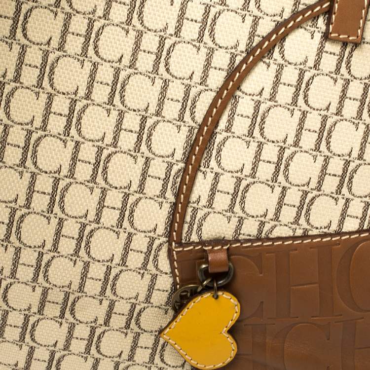 Pre Owned Carolina Herrera Beige/Brown Monogram Coated Canvas and Leather Charm Tote