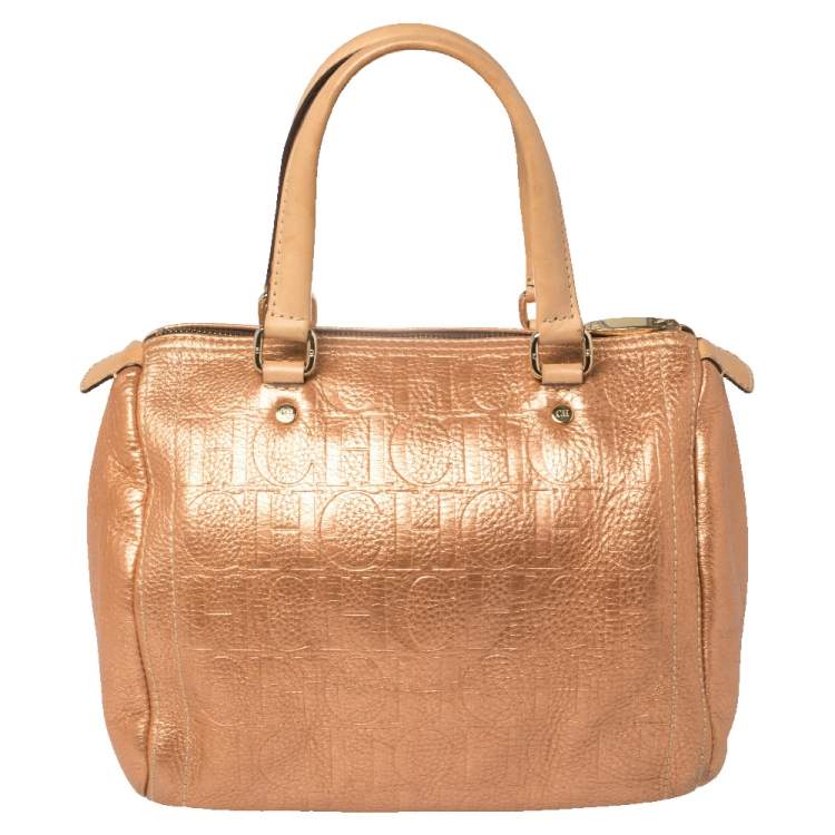 Pre Owned Carolina Herrera Metallic Rose Gold Embossed Leather Andy Boston Bag