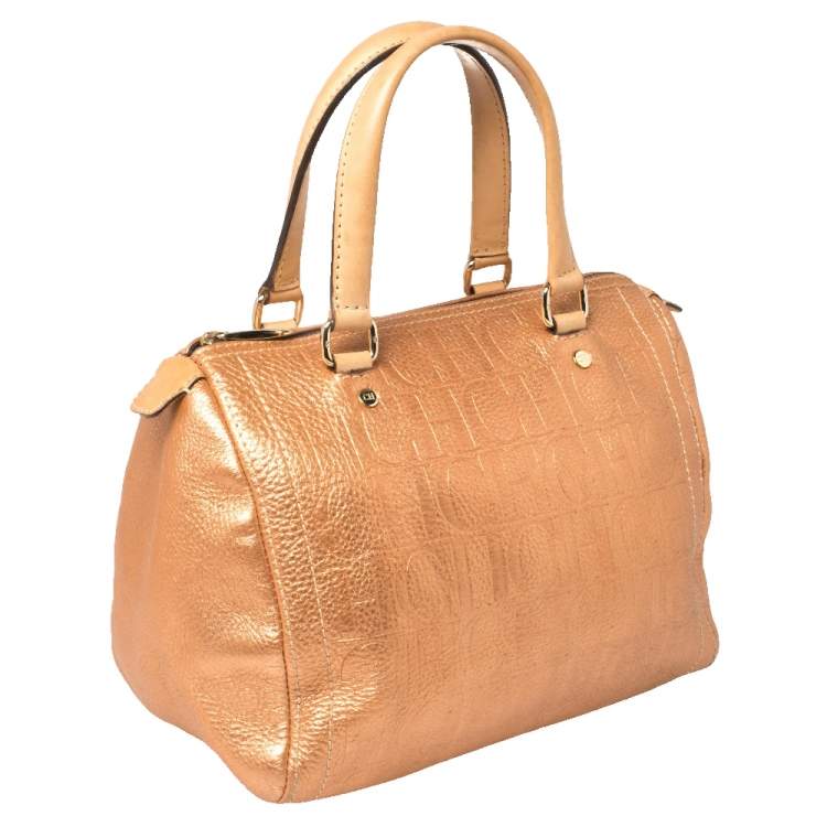 Pre Owned Carolina Herrera Metallic Rose Gold Embossed Leather Andy Boston Bag