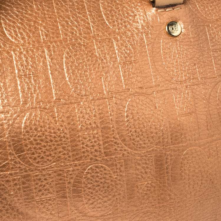 Pre Owned Carolina Herrera Metallic Rose Gold Embossed Leather Andy Boston Bag
