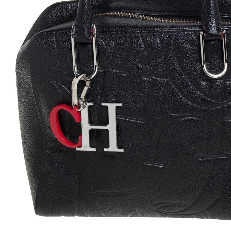 Pre Owned Carolina Herrera Black Embossed Leather Duke Satchel