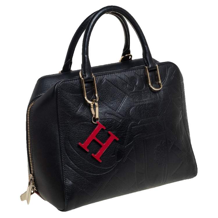 Pre Owned Carolina Herrera Black Embossed Leather Duke Satchel