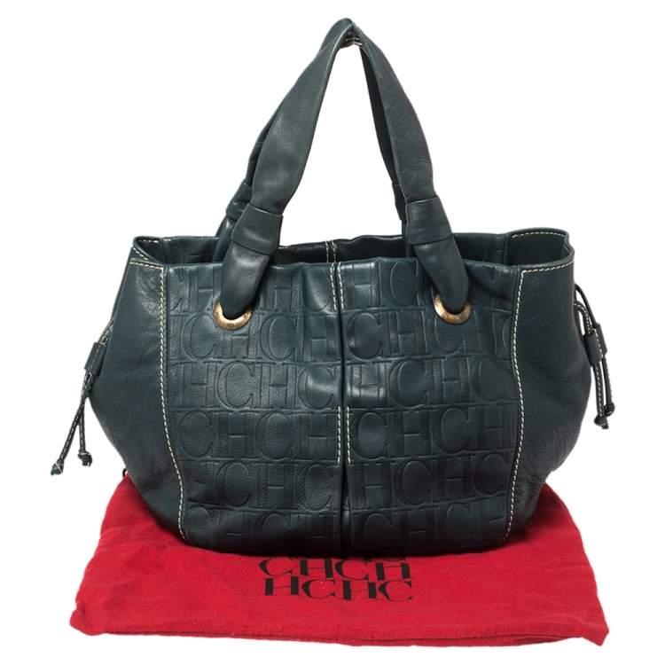 Pre Owned Carolina Herrera Dark Teal Blue Embossed Leather Side String Hobo