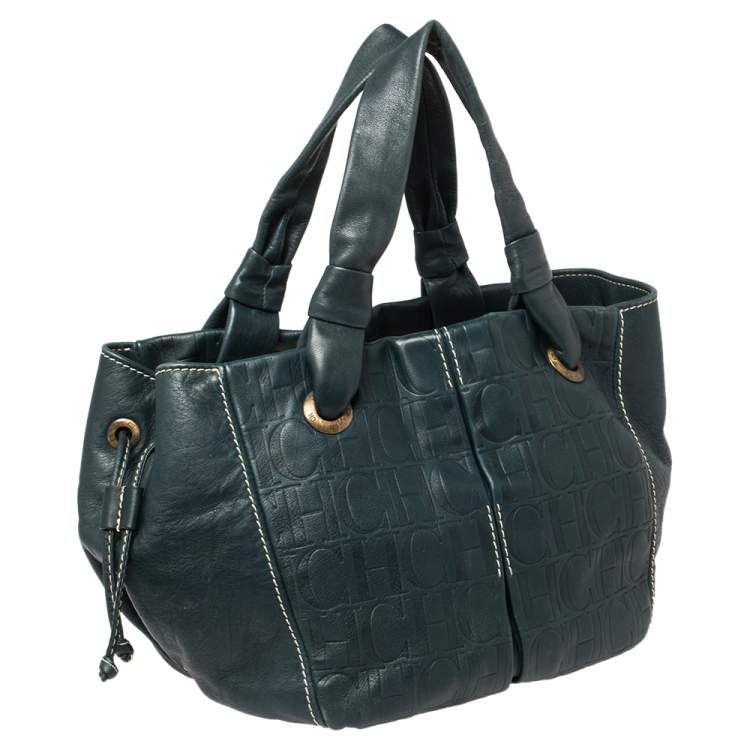 Pre Owned Carolina Herrera Dark Teal Blue Embossed Leather Side String Hobo