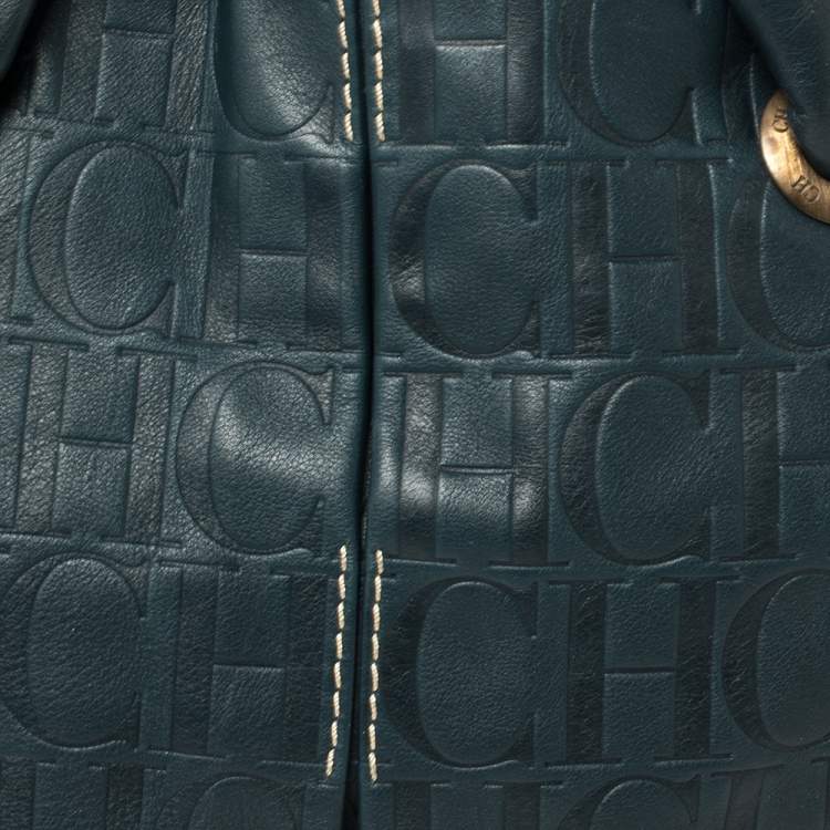 Pre Owned Carolina Herrera Dark Teal Blue Embossed Leather Side String Hobo
