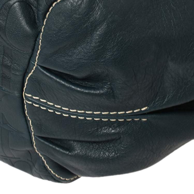 Pre Owned Carolina Herrera Dark Teal Blue Embossed Leather Side String Hobo