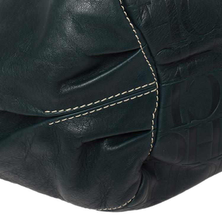 Pre Owned Carolina Herrera Dark Teal Blue Embossed Leather Side String Hobo