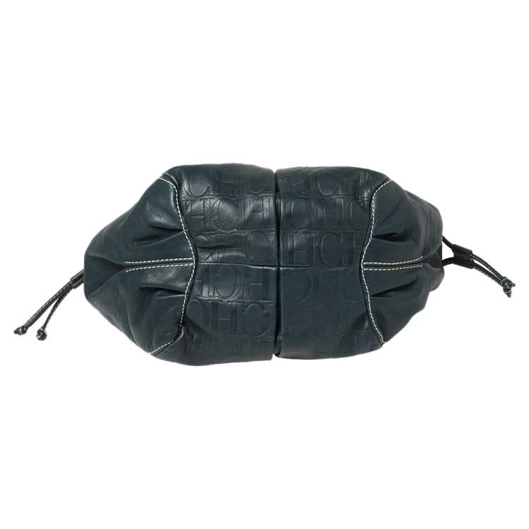 Pre Owned Carolina Herrera Dark Teal Blue Embossed Leather Side String Hobo