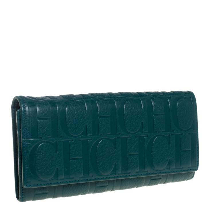 Pre Owned Carolina Herrera Green Embossed Leather Continental Wallet