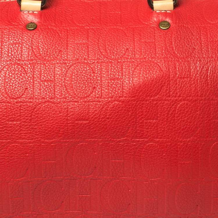 Pre Owned Carolina Herrera Red Monogram Leather Large Andy Boston Bag