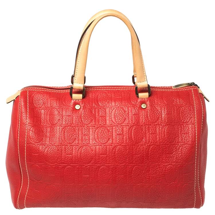 Pre Owned Carolina Herrera Red Monogram Leather Large Andy Boston Bag