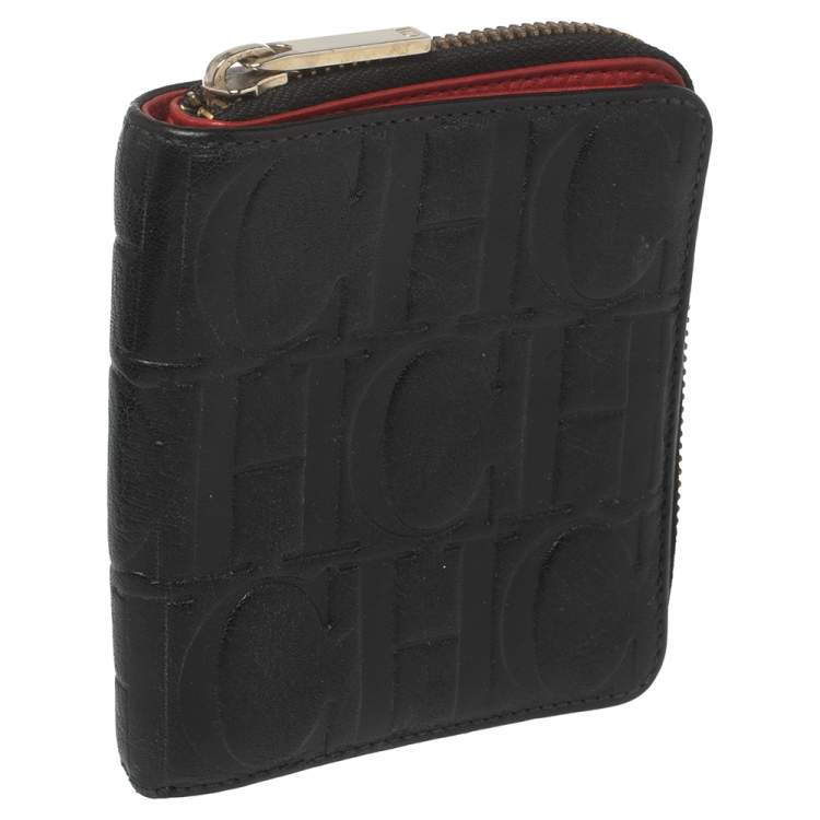 Pre Owned Carolina Herrera Black Monogram Leather Compact Wallet