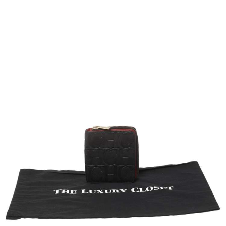 Pre Owned Carolina Herrera Black Monogram Leather Compact Wallet