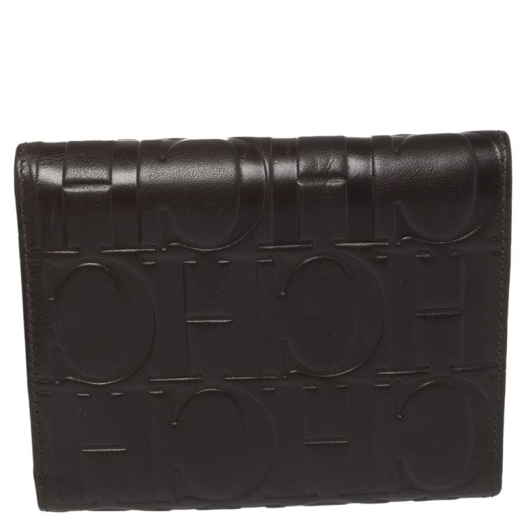 Pre Owned Carolina Herrera Brown Monogram Leather Trifold Wallet